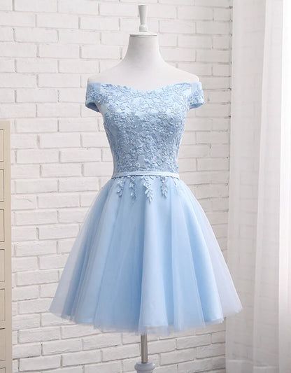 Woman wearing an elegant off-shoulder A-line short homecoming dress.
