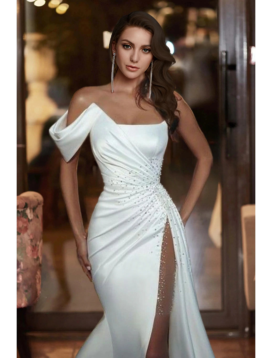 Close-up of the beaded bodice and off-shoulder neckline of a satin mermaid bridal gown.