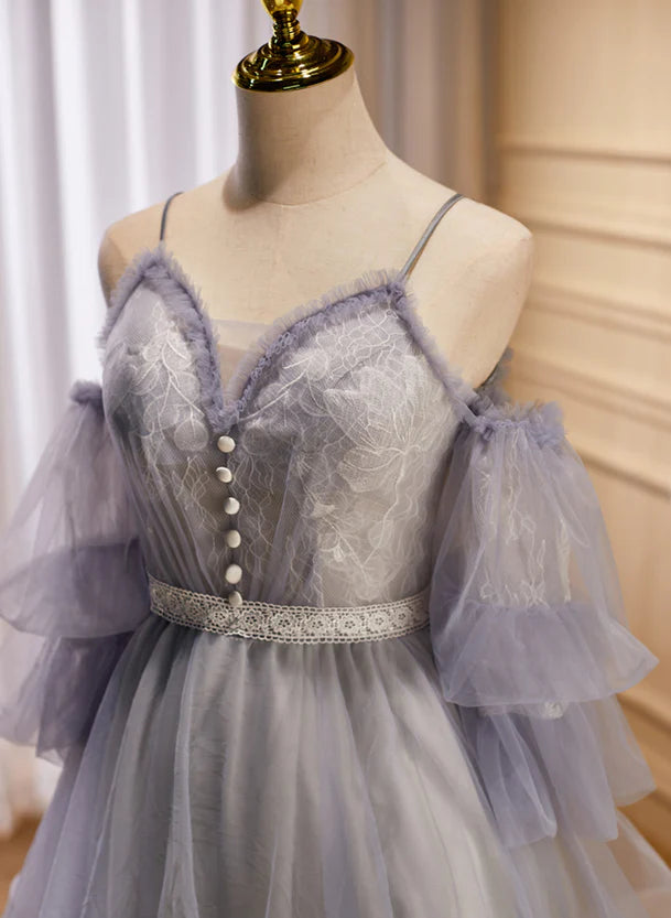 Side view of the off-shoulder short tulle dress, highlighting the lace bodice.