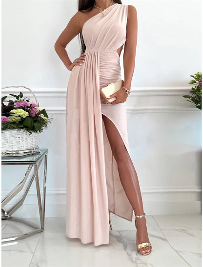 Elegant one-shoulder backless maxi dress in pink.