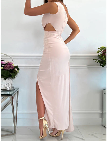 Woman wearing a red one-shoulder formal gown.