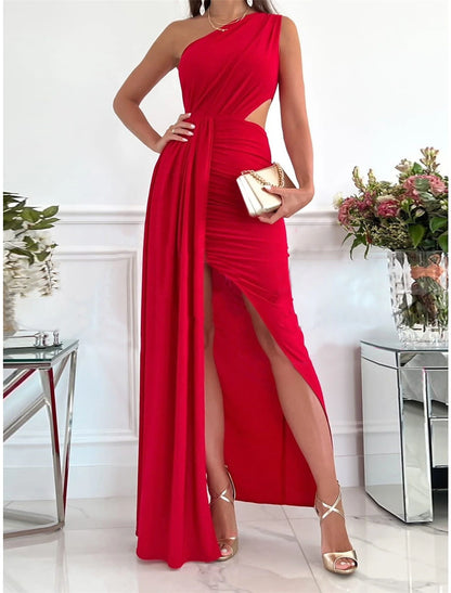 Green one-shoulder backless dress for evening events.