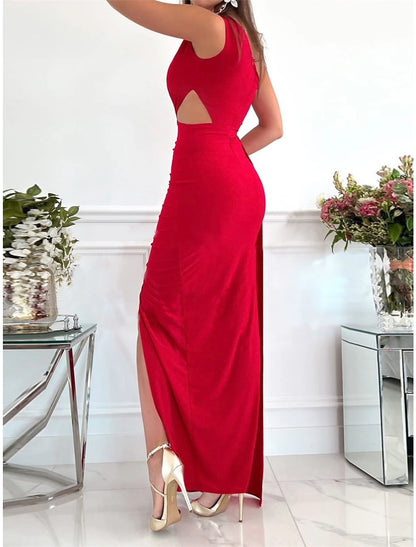 Detail of the one-shoulder neckline on a formal dress.