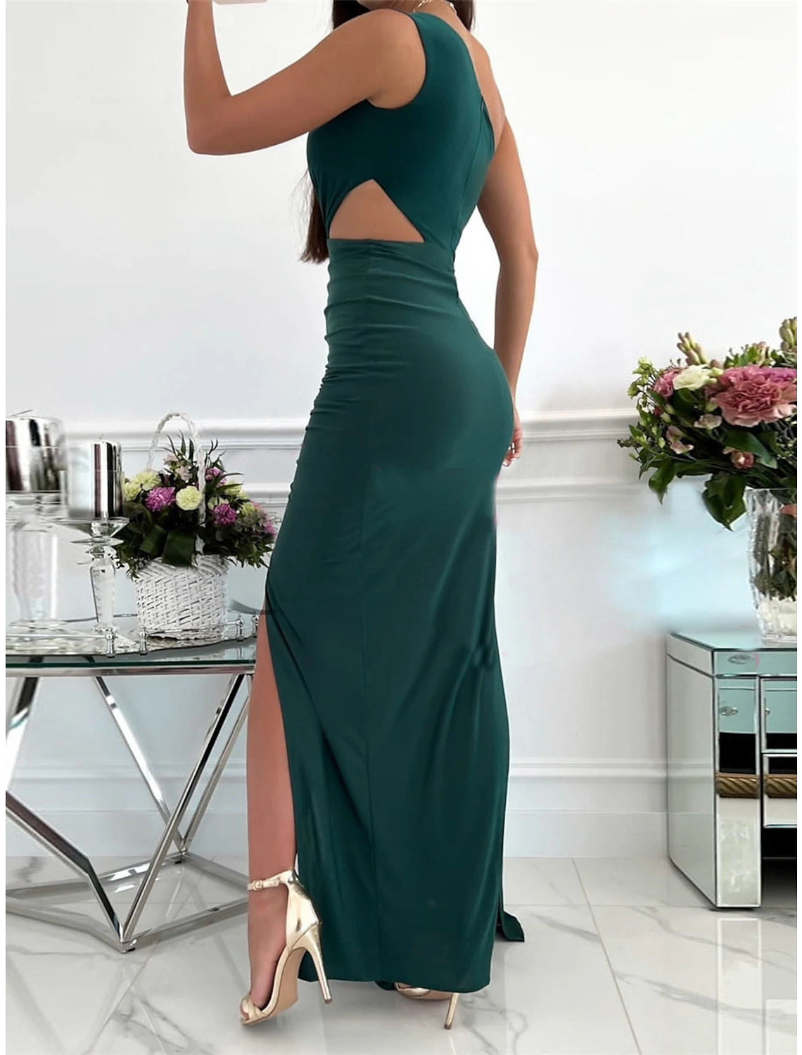 Full length view of the elegant one-shoulder formal dress.