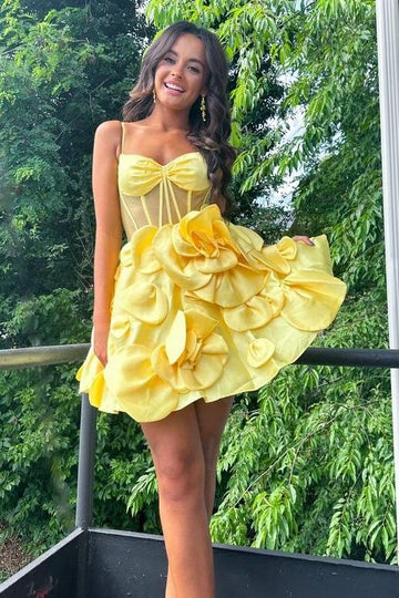 Model wearing a pink short satin A-line dress with spaghetti straps.