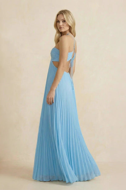 Side view of a floor-length halter neck prom dress in pleated chiffon.