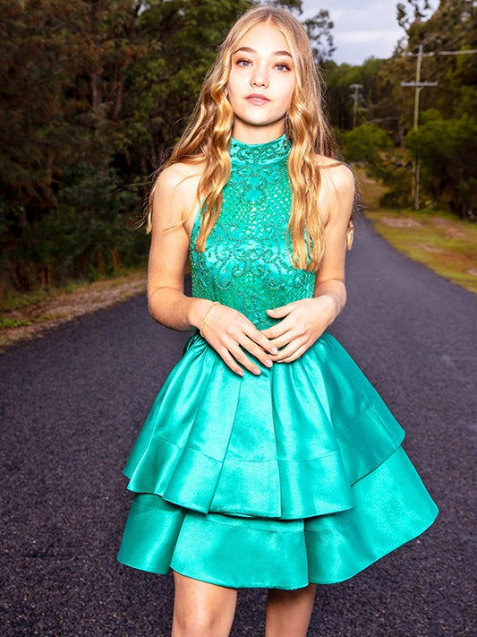 Elegant A-Line satin mini homecoming dress with jewel neckline and beading.