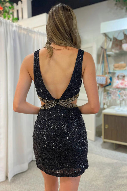 Close-up of the black sequin and beaded V-neck dress with cutout details.