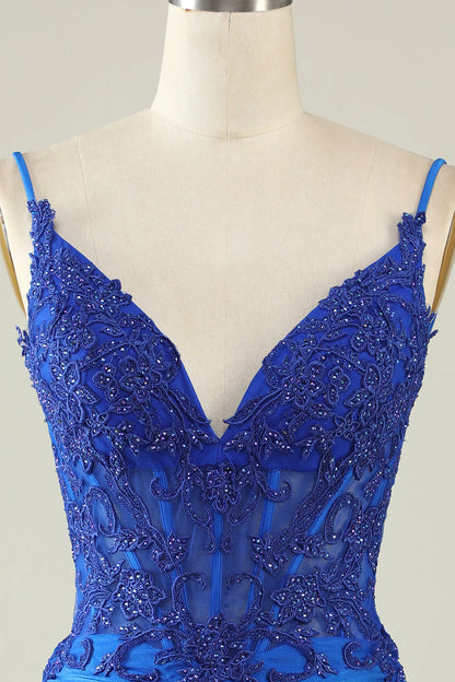 Side view of a royal blue sheath dress.