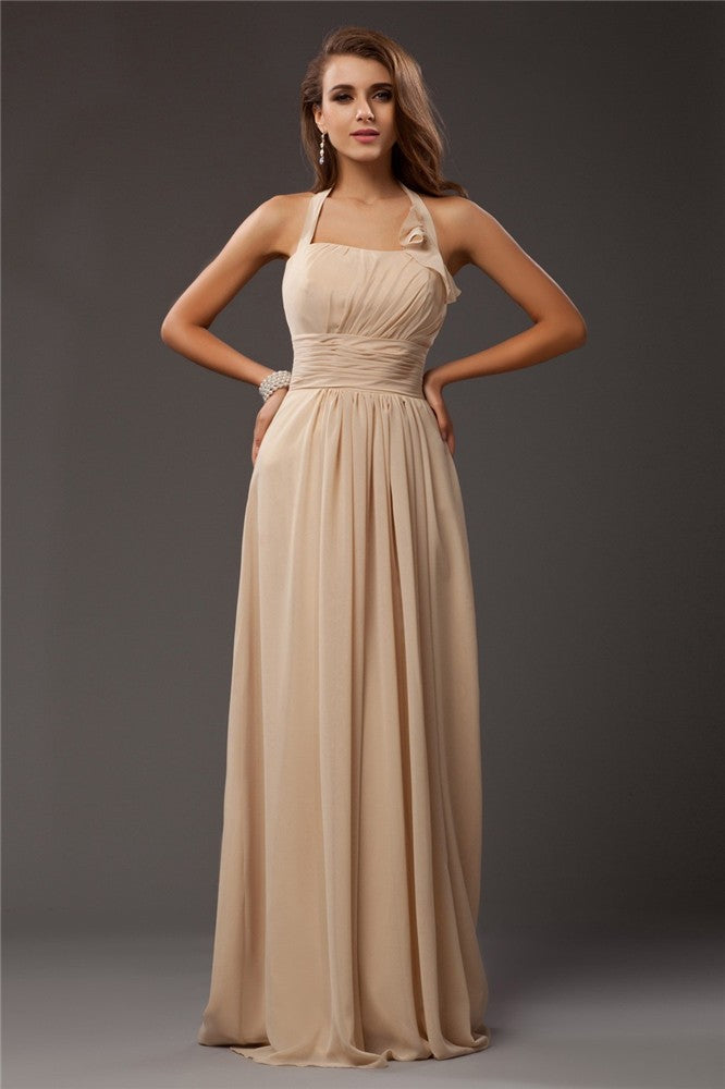 Elegant halter chiffon bridesmaid dress with ruffles, front view.