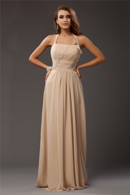 Elegant halter chiffon bridesmaid dress with ruffles, front view.