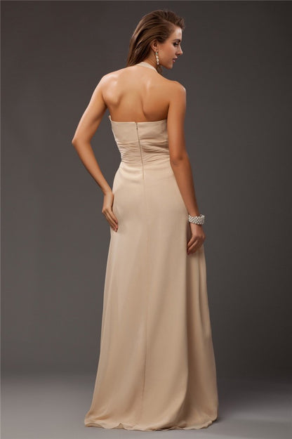Back view of a long sheath halter bridesmaid dress.