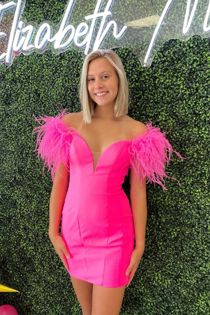 Fuchsia sheath off-shoulder satin homecoming dress with feather details, full view.