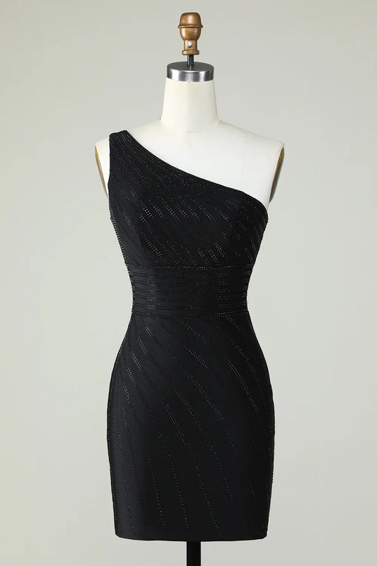 Black one-shoulder sheath homecoming dress with intricate beading.