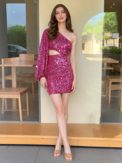Back view of short sheath homecoming dress with cut-out.