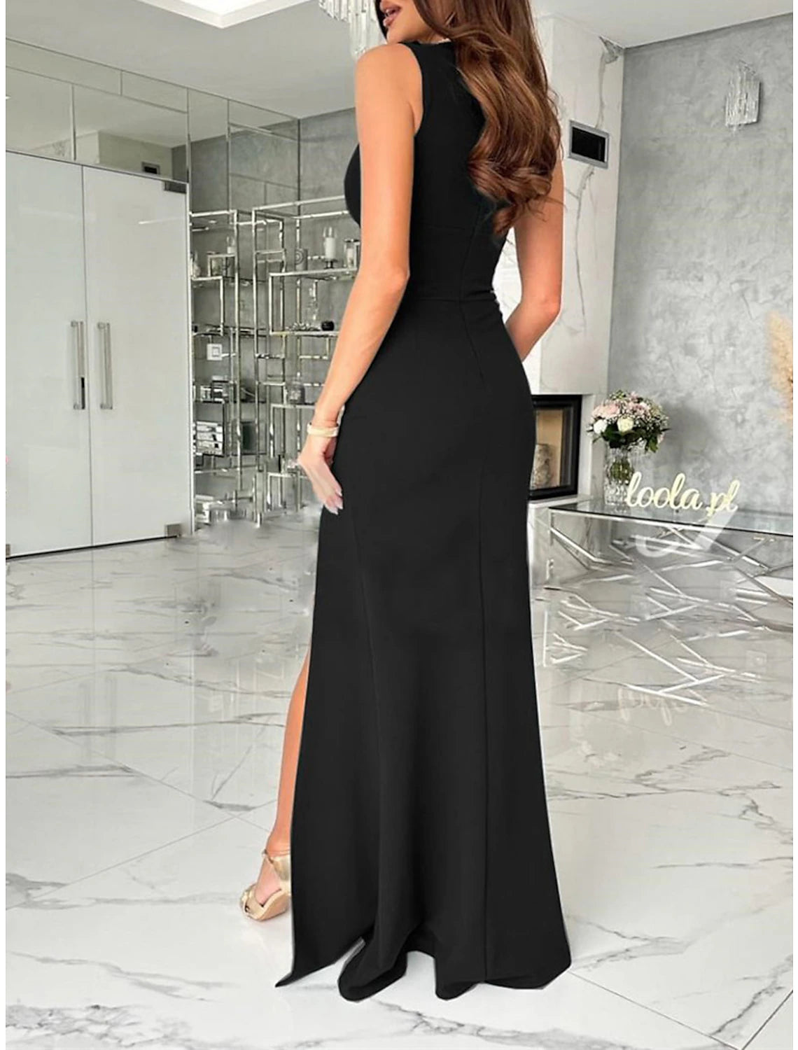 Vibrant red sheath maxi dress with V-neck and backless detail.