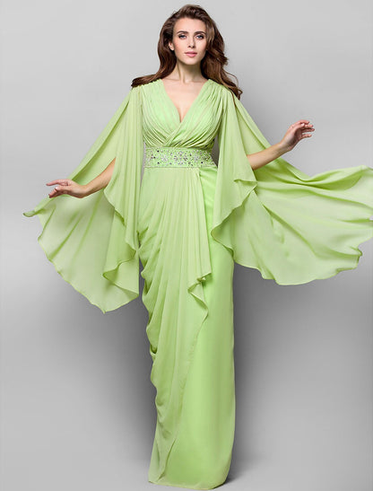 Elegant Sheath Chiffon Gown with V-neck and long sleeves, front view.