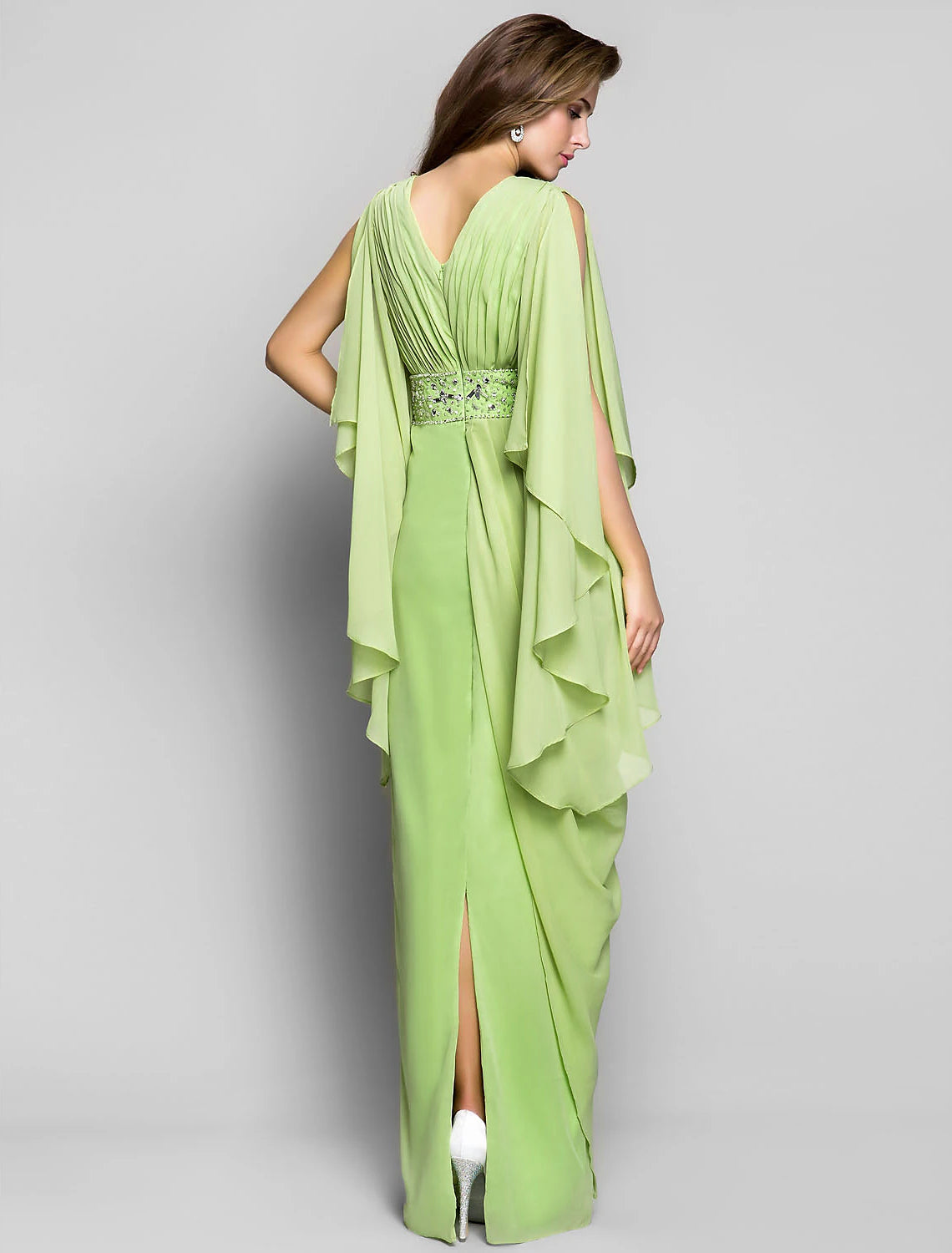 Side view of the Sheath Chiffon Gown, showing side draping.