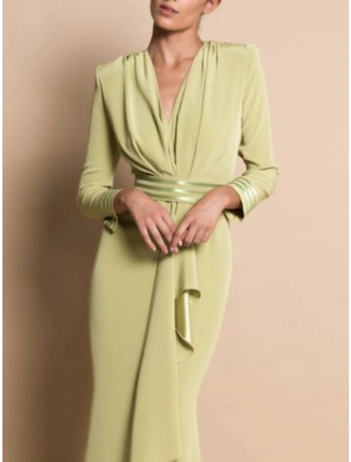 Full view of the formal chiffon Mother of the Bride gown.