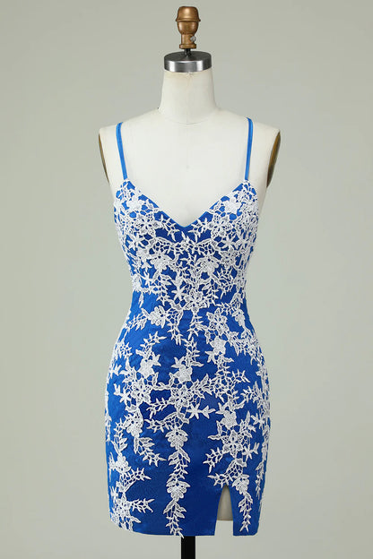 Elegant blue sheath homecoming dress with V-neck, spaghetti straps, lace, and appliques.