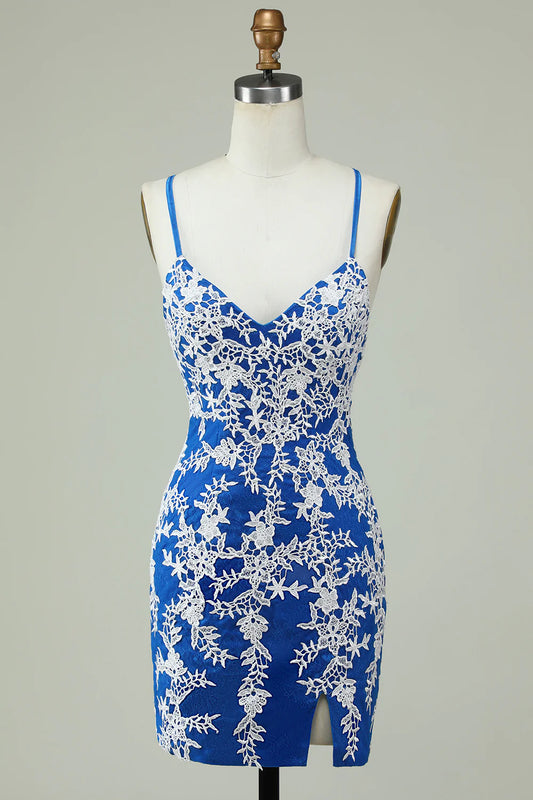 Elegant blue sheath homecoming dress with V-neck, spaghetti straps, lace, and appliques.