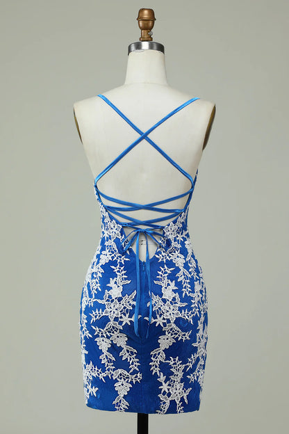 Side view of a blue sheath dress featuring lace details and a flattering silhouette.