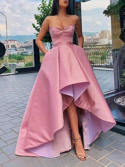 Back view of the elegant high-low satin formal dress.