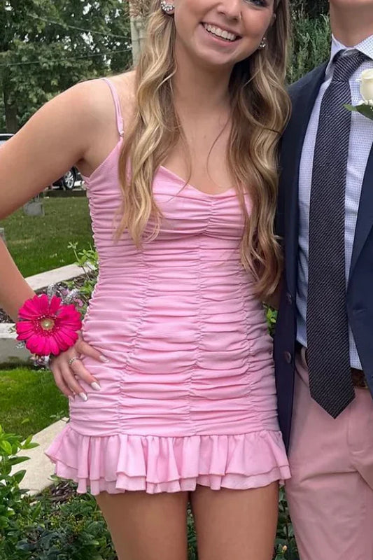 Elegant short homecoming dress with spaghetti straps and V-neck.