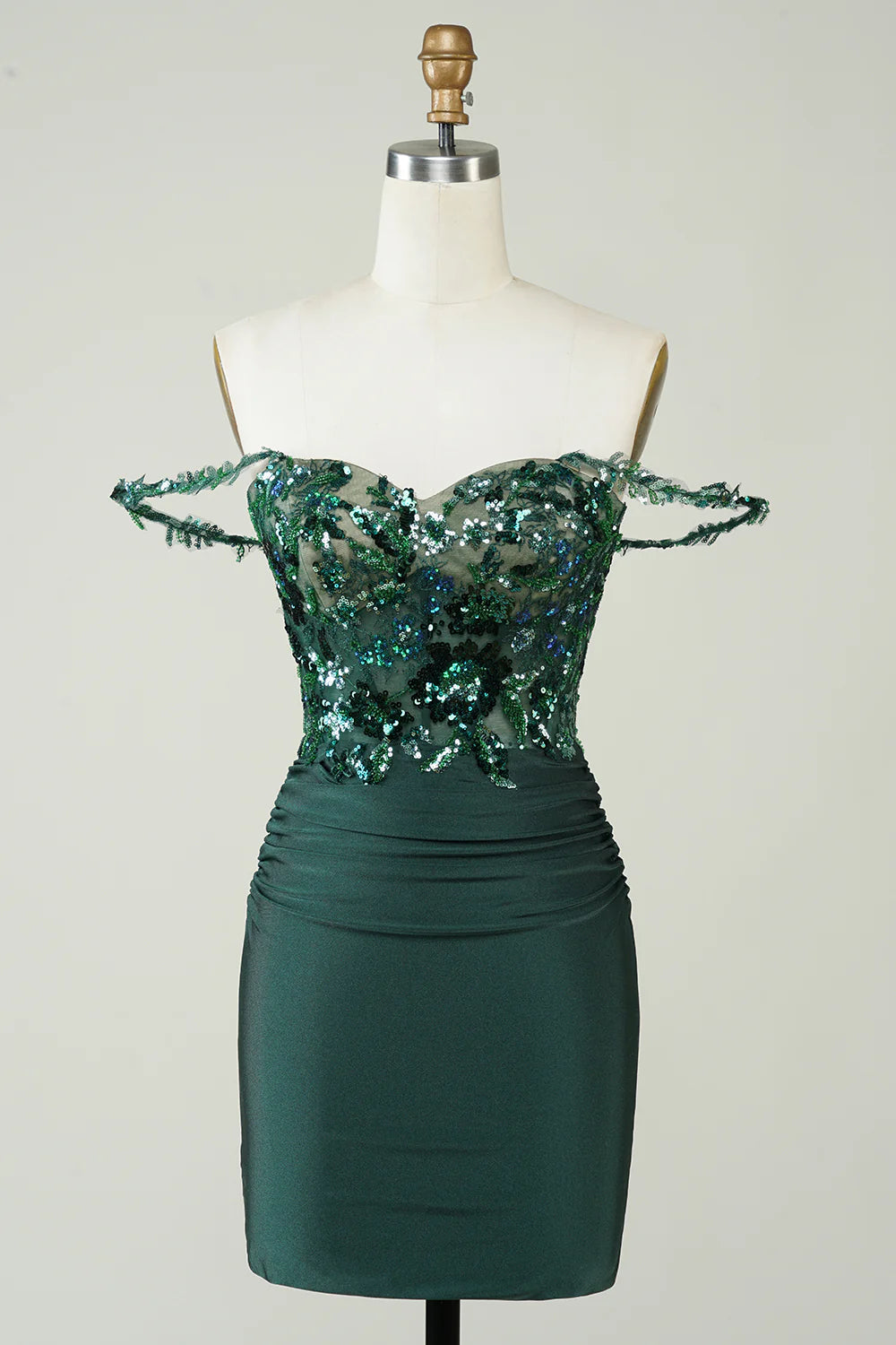 Elegant sequins sheath off-the-shoulder short homecoming dress with appliques.