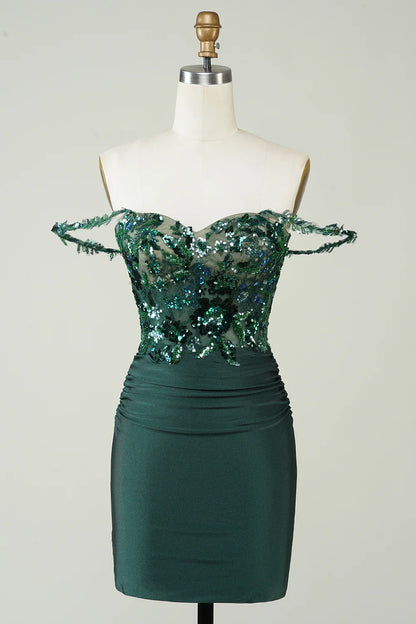 Elegant sequins sheath off-the-shoulder short homecoming dress with appliques.