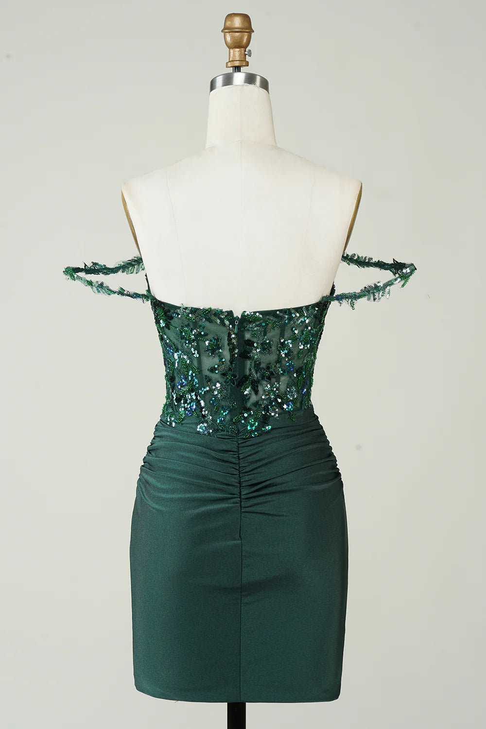Back view of sequins sheath off-the-shoulder short homecoming dress.