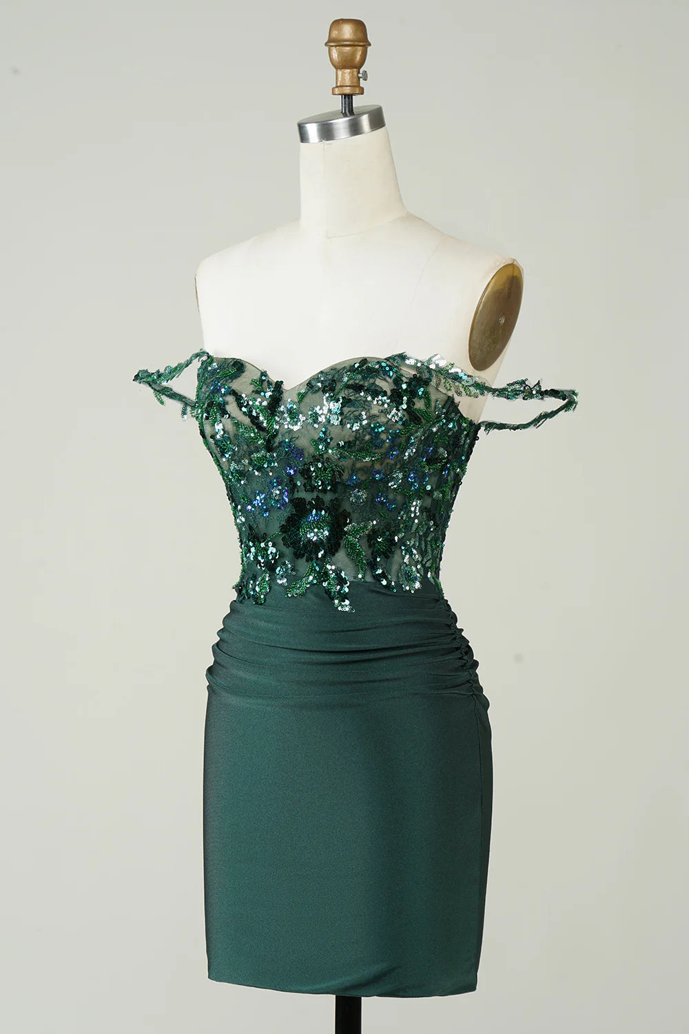 Side view of sequins sheath off-the-shoulder short homecoming dress.