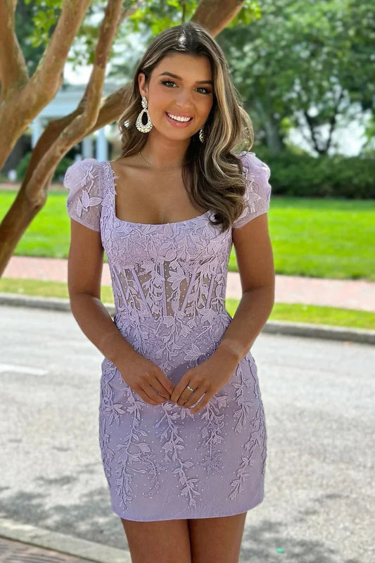 Model wearing a lavender square neck short sleeve lace applique homecoming dress, front view.