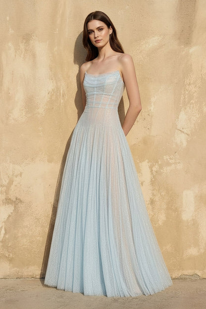Model wearing an elegant strapless corset A-line glitter tulle floor-length formal gown.