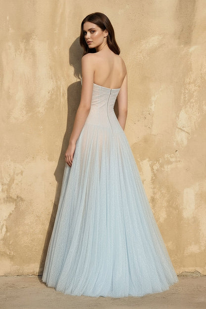 Side view of the A-line glitter tulle gown, highlighting its silhouette.