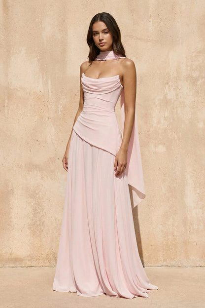 Elegant strapless chiffon prom dress with corset lace-up back and flowy floor-length skirt.