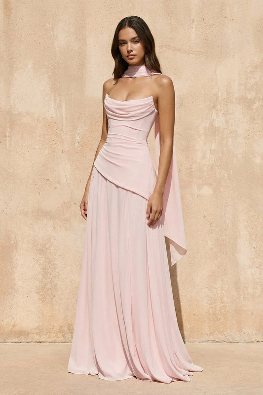 Elegant strapless chiffon prom dress with corset lace-up back and flowy floor-length skirt.