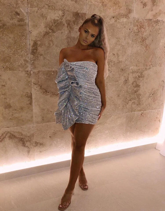 Silver grey strapless short homecoming dress with side ruffles.