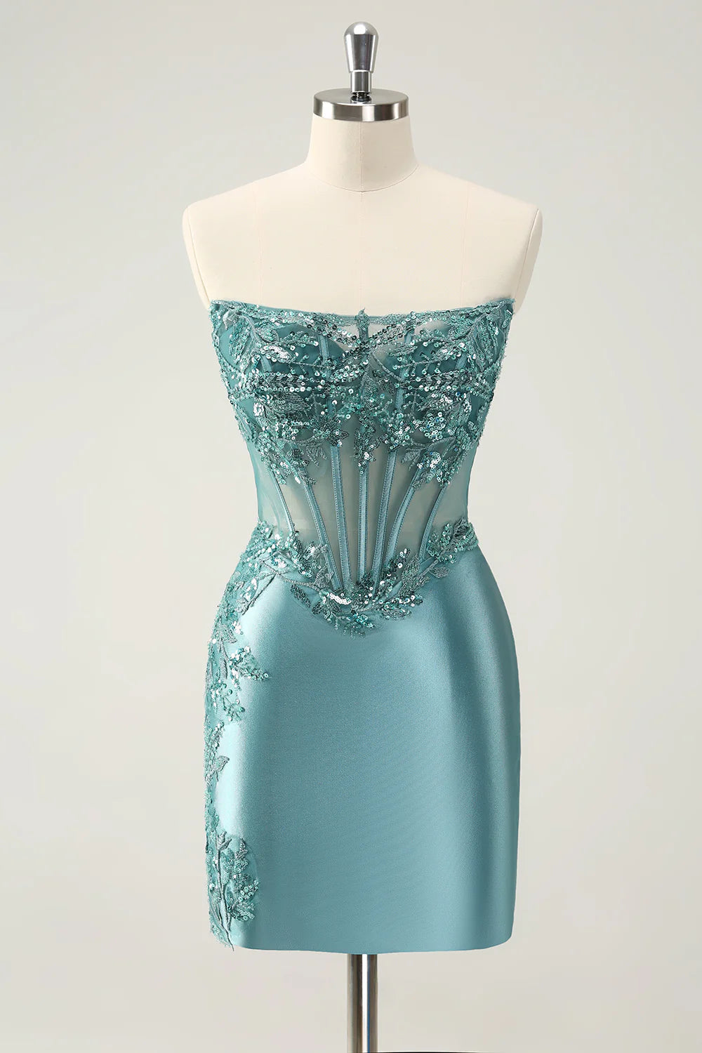 Full view of the elegant peacock applique strapless corset homecoming gown.