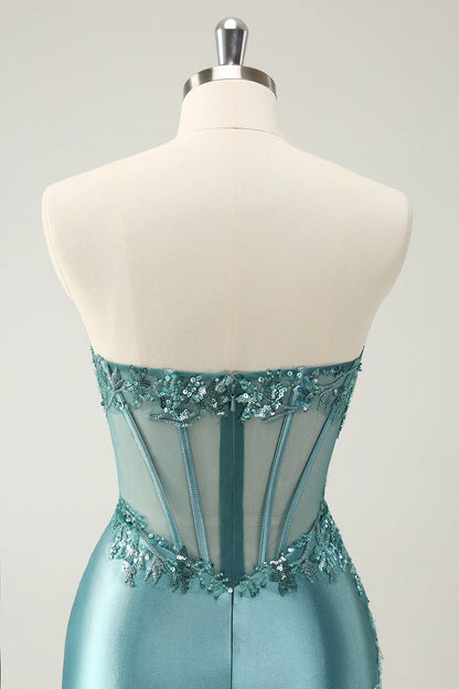 Side view of the floor-length strapless homecoming dress.