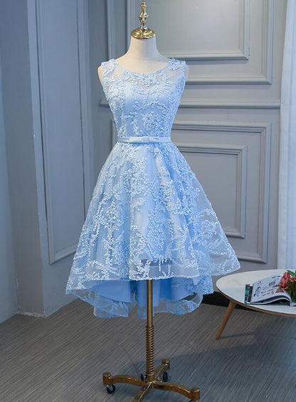 Elegant blue high-low homecoming dress with strapless sweetheart neckline.