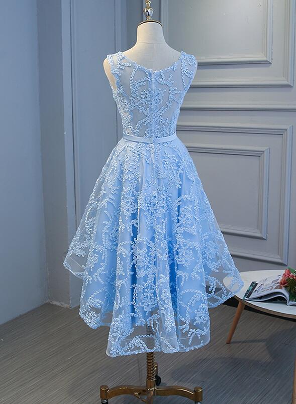 Back view of a blue high-low prom dress.