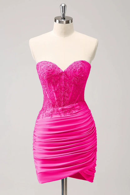 Fuchsia sweetheart bodycon mini dress with corset and beading.
