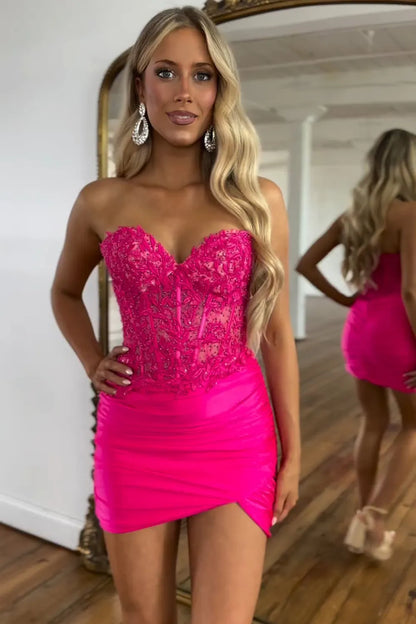 Side profile of fuchsia sweetheart corset dress.