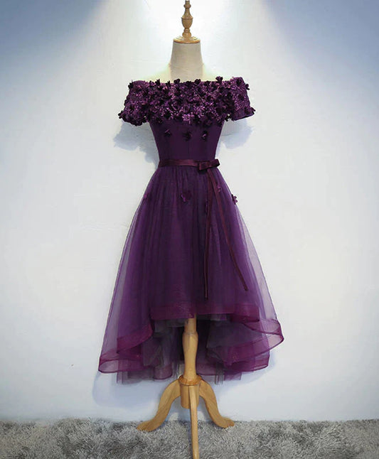 Front view of an elegant dark purple high-low homecoming dress with a sweetheart neckline.