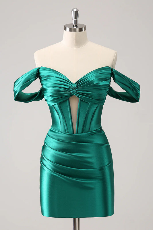 Model wearing a dark green off-shoulder corset satin homecoming dress.