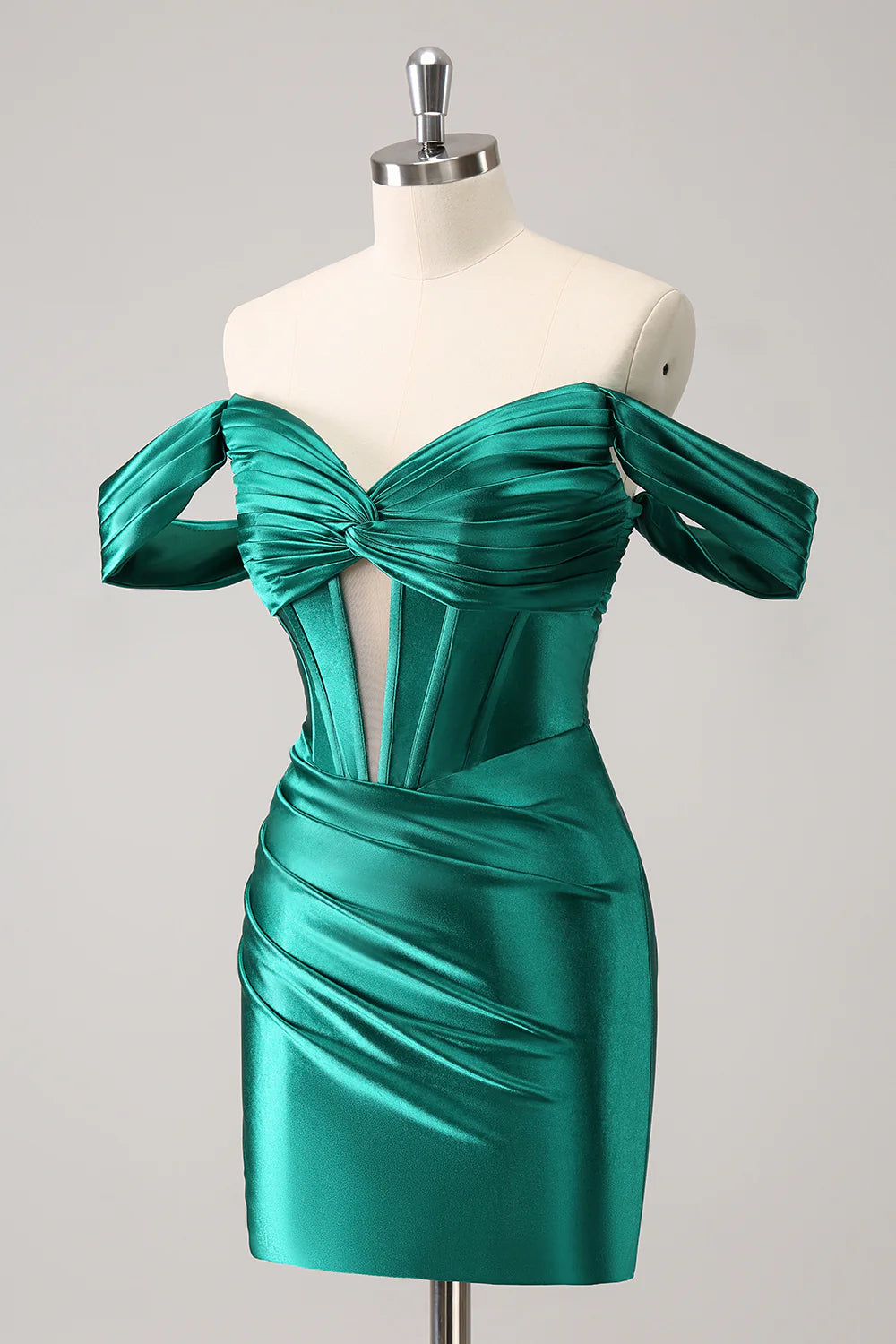 Back view of the dark green off-shoulder corset dress.