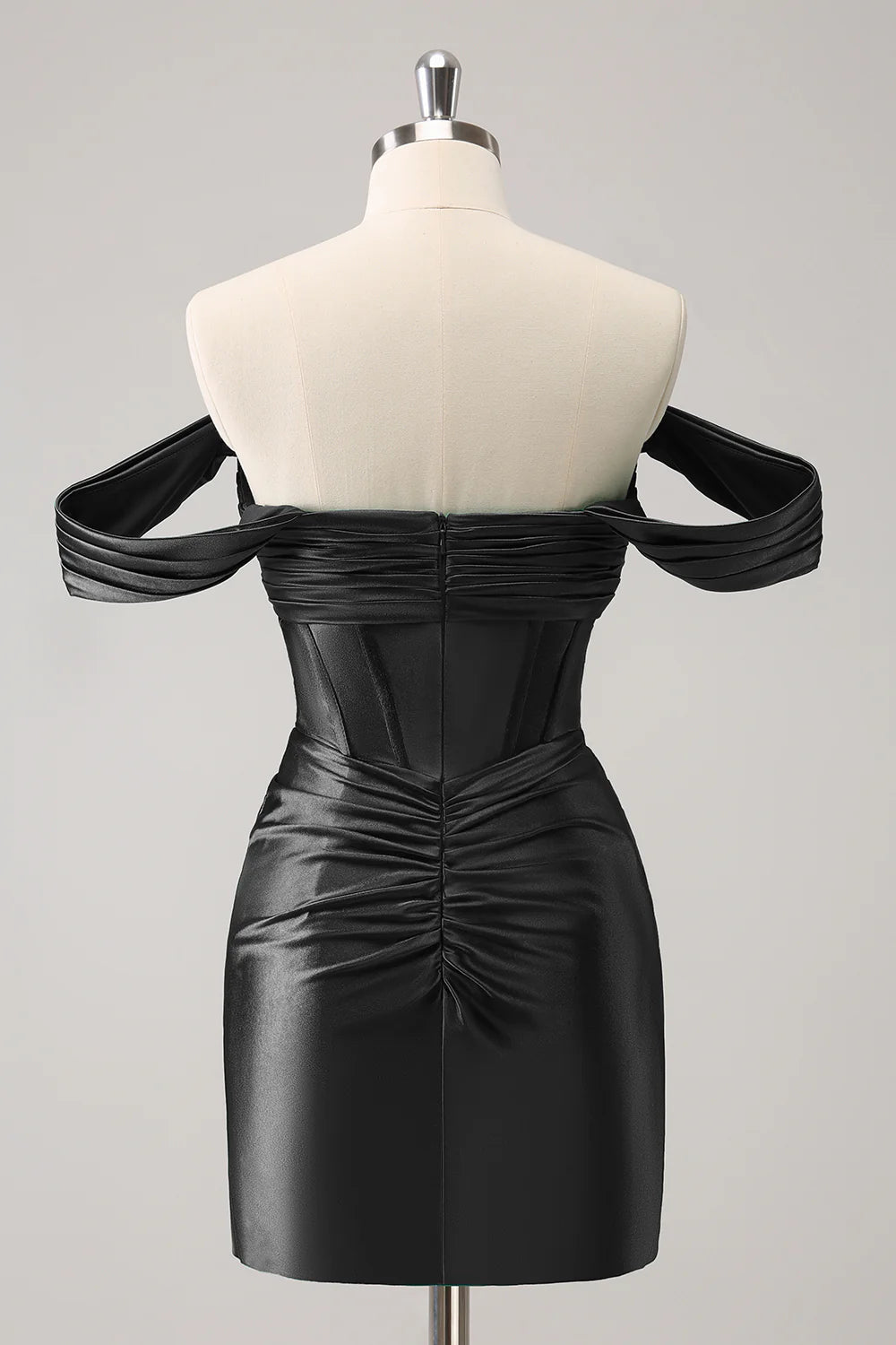 Full length view of the dark green satin formal gown.