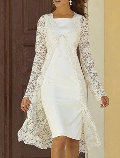 Elegant two-piece sheath dress with square neck and sleeveless jacket.