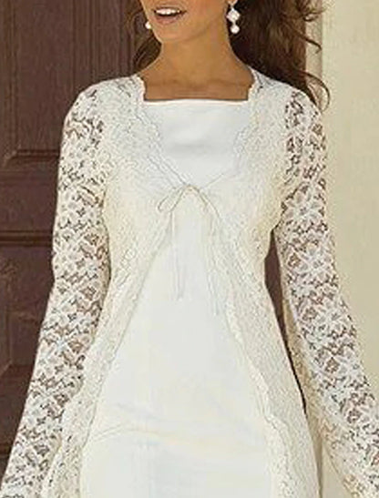 Back view of the knee-length chiffon and lace dress.